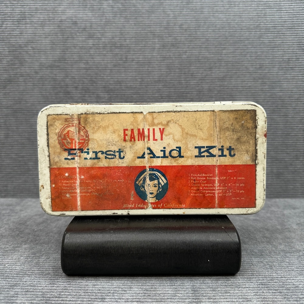 Vintage Blind Industries of California Family First Aid Kit Metal Tin Sentinel - Picture 1 of 6